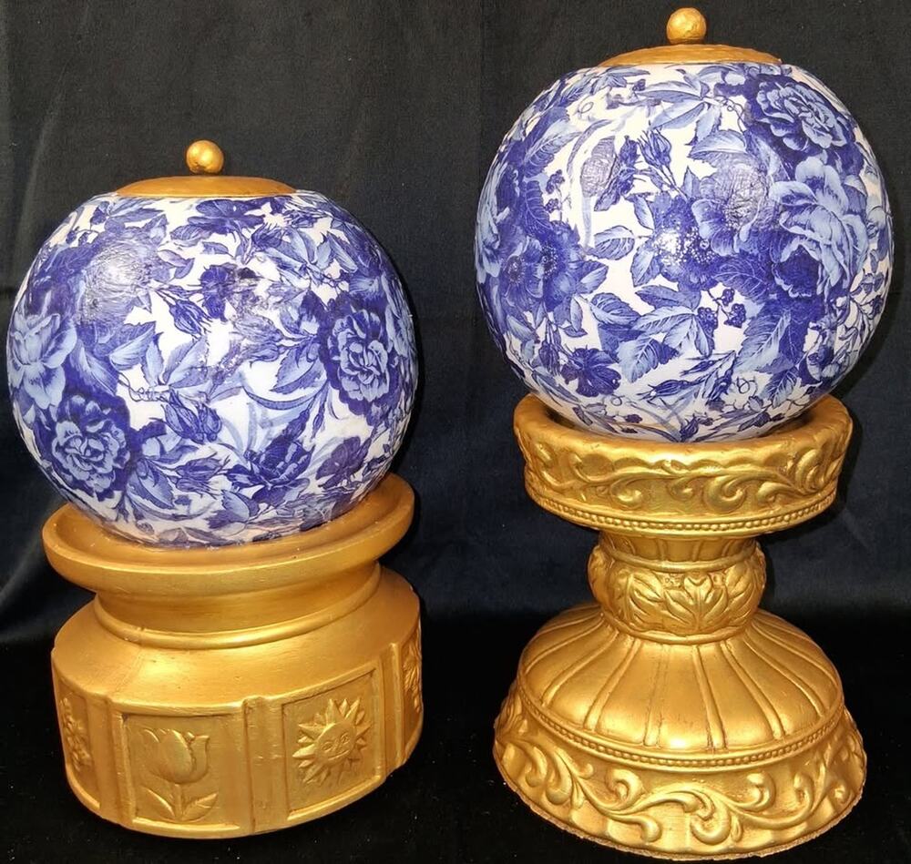 Handmade Chinoiserie Blue/White Decoupage Ceramic Orb Set on Ornate Gold Risers